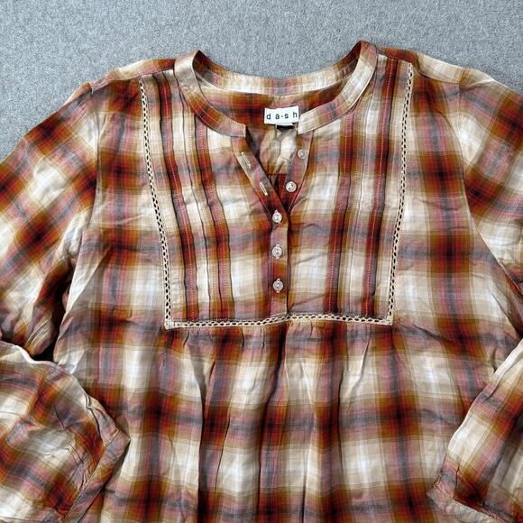 Da-sh Plaid Peasant Blouse Women's XL Long Sleeve Orange Cream Red Boho Button - Picture 3 of 8